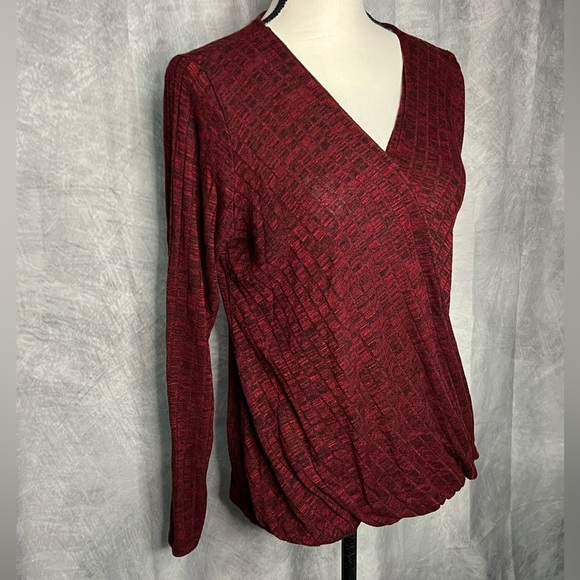 Rock & Republic Burgundy & Black Faux Wrap Long Sleeve Ribbed Top - MED - Picture 4 of 11